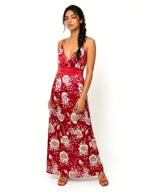 Red Floral Maxi Dress Polyester Satin